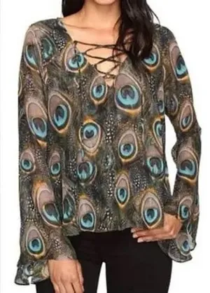 Show Me Your Mumu Peacock Feather Lace Up Bell Sleeve Blouse Medium thumbnail 1