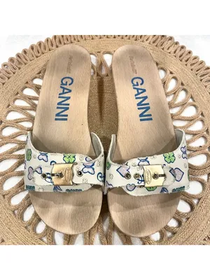 Dr Scholl's x Ganni Slide White Printed Sandals Size 9 Retro thumbnail 2