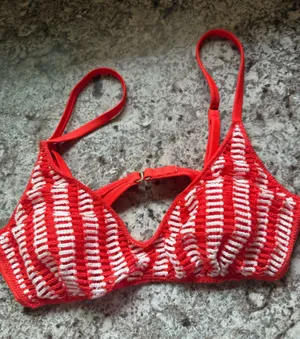Wild Fable red and white striped crochet-textured bikini top thumbnail 1