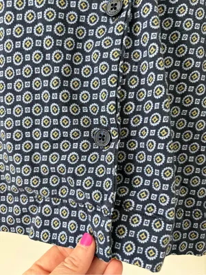 Petite Plume Navy Yellow Pima Cotton Button Down Wide Sleeve Pajama Top L thumbnail 4