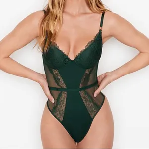 NEW!! Victoria’s Secret Love Emerald Green Lace Floral‎ Corset Style Bodysuit thumbnail 1