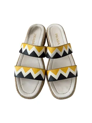 PRADA Zig Zag Beige Yellow Leather Platform Espadrilles Sandals Size 37.5 US 7.5 thumbnail 9