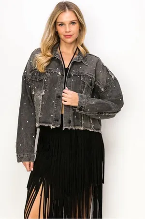 Rhinestone Embellished Frayed Denim Jacket in Black Stoned Washed thumbnail 1