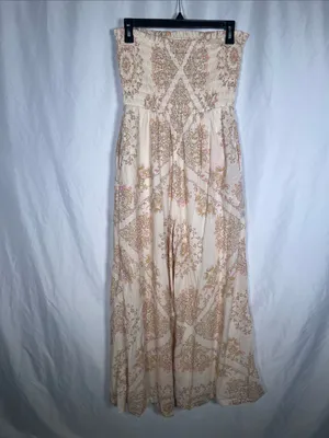 American Eagle Womens Boho Strapless Smocked Jumpsuit Wide Leg Medium Pink Cream thumbnail 3
