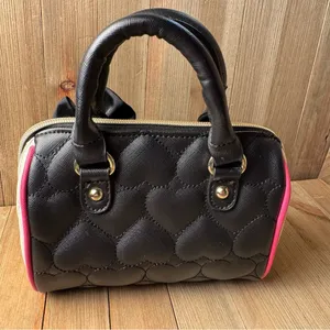 Betsey Johnson Small Mini Satchel Bag Shoulder Strap Black Pink Quilted‎ Heart thumbnail 3