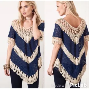Umgee USA Crochet‎ sweater Navy blue & cream boho hippie sz M chevron thumbnail 2