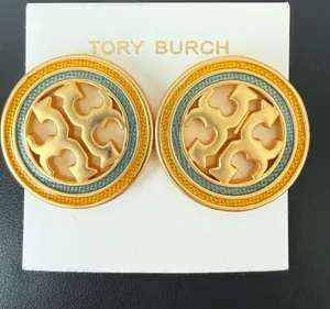 Tory Burch | Matte Gold Logo Disc Earrings w/ Yellow & Blue-Green Ring | Medium thumbnail 1