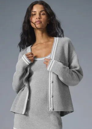 Alo Yoga Tennis Club Cardigan Sweater XS Gray Varsity Preppy Athleisure Chic thumbnail 1