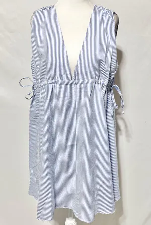 New ASOS Seersucker Plunge V-Neck Tie Waist Mini Sundress Blue White Size 4 thumbnail 7