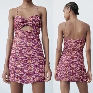 Zara Dress Size M Purple Gold Draped Floral Cut‎ Out Front Mini Spaghetti Straps thumbnail 3