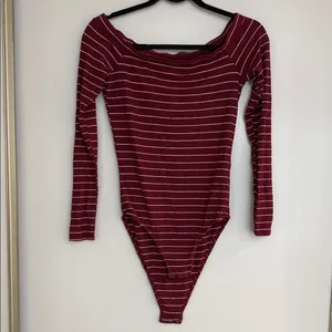 Hollister Ribbed Maroon & White Striped Off Shoulder Long Sleeve Bodysuit thumbnail 2