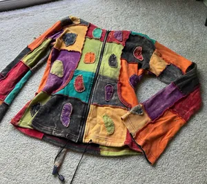 Colorful Festival Zip Up Jacket Earthy Patchwork Bohemian Hippie Eclectic thumbnail 1