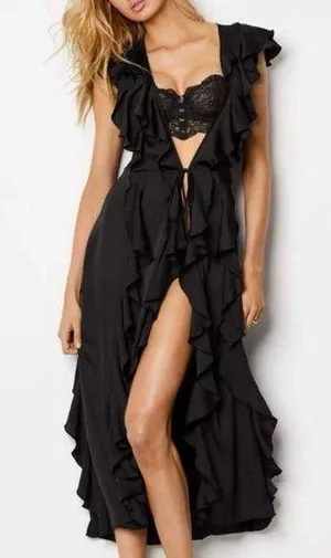 Vintage Victoria’s Secret Black Ruffled Robe Gown Lingerie Kimono Cover Up XS thumbnail 1