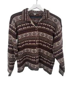 Vintage Kathy Ireland Brown Cream Fair Isle Chunky Cardigan Sweater Size Medium thumbnail 1