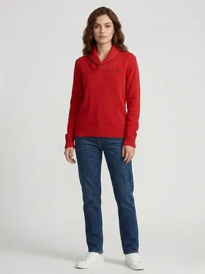 NWT Polo Ralph Lauren Cotton V-neck Shawl Collar Sweater in Fall Red Pullover M thumbnail 2