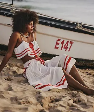 Free People 2pc Fischer White/Red Striped Crop Top & Skirt Set Womens XS thumbnail 1