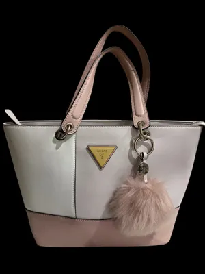 Guess Blush & Cream Colorblock Tote Bag Gold Logo Charm Pom Pom Large thumbnail 2