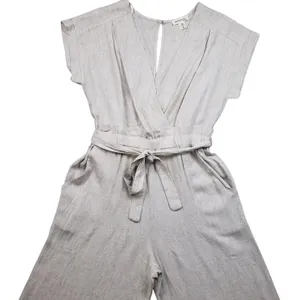 Monteau Jumpsuit Womens Large Beige Linen Wide Leg V-Neck Cropped Boho Overall thumbnail 3