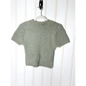SKIMS Cozy Knit T-Shirt Aqua Sage Green Fuzzy Cropped Top L/XL NEW thumbnail 5