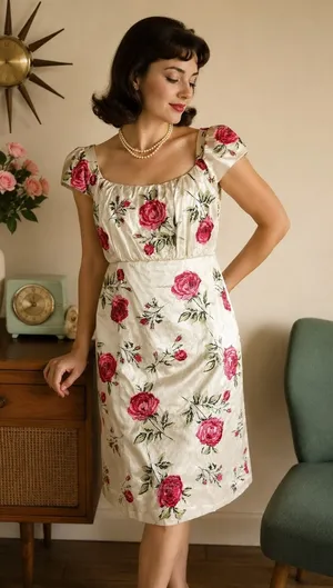 vintage Ivory Floral Brocade Pink Rose Print Empire Waist Cottagecore Midi Dress thumbnail 1