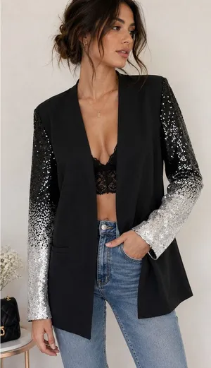 Ebossy Sequin Ombre Sleeve Blazer Womens Large Black Silver Glam Jacket thumbnail 1