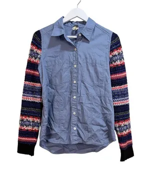 Free People Chambray Button Down Nordic Fair Isle Knit Lagenlook Top Shirt Shacket Small thumbnail 1