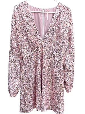 EUC Free People Dance All Night Sequined V Neck Puff Slv. Dress Rose Gold Small thumbnail 1