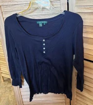 Lauren Ralph Lauren Navy Ribbed Henley Long-Sleeve Top Medium thumbnail 1