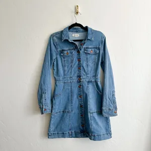 Madewell | Cotton Denim Structured Mini Shirt Dress in Medium Wash Blue‎ Size 8 thumbnail 4