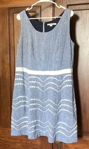 BODEN 100% Linen Chambray Blue White Embroidered Sleeveless Dress Size 14 thumbnail 1