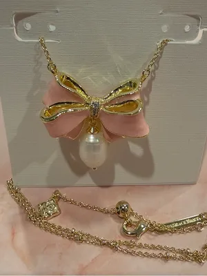 Kendra Scott | Gold Plated & Pink Enamel Bow Necklace with Pearl Drop thumbnail 2