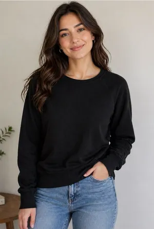 Black Crewneck Sweatshirt with Ribbed Cuffs Lightweight size Large thumbnail 1