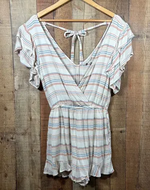 American Eagle Small Striped Romper Ruffle Sleeve Tie Back Jumper V-Neck S thumbnail 1