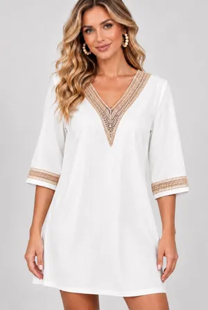 Noracora Women Size S Cotton Shift Dress Mid Sleeve Cream Embroidered Lace Neck thumbnail 1
