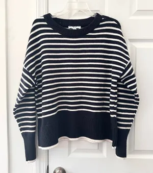 Magaschoni Black White Nautical Preppy Stripe Shoulder Button Dolman Sweater XL thumbnail 1