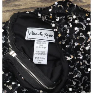 NWT Alex & Sophia Cropped Faux-Pearl-Trim Sequin Velvet Top Charcoal Black 2XS thumbnail 7