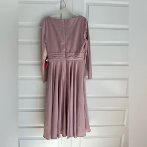 Mac Duggal Pink Satin Velvet Long Sleeve V-Neck‎ Midi Cocktail Formal Dress- NWT thumbnail 4