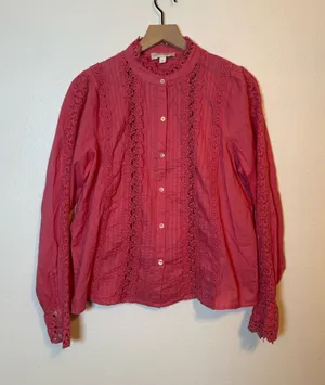 Jennifer & Grace Fuchsia High Neck Eyelet Crochet Lace Pintuck‎ Blouse thumbnail 1