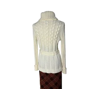 Vintage Belted Cable Knit Portrait Collar Cardigan Cream Korea M Medium thumbnail 5