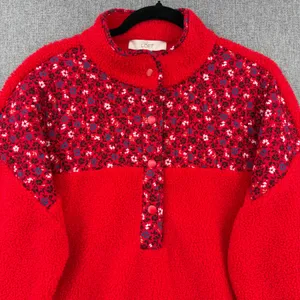 LOFT Womens XL Red Sherpa Fleece Floral Yoke Snap Neck Pullover Sweatshirt thumbnail 3
