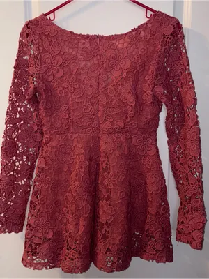 Lace Scoop-Neck Pink Long Sleeve Mini Dress Size: S thumbnail 3