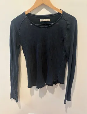 We The Free Free People Faded Black Lettuce Edge Long Sleeve Top Large thumbnail 1