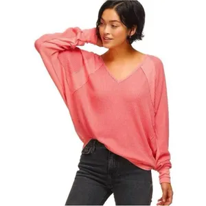 Free People Santa Clara Thermal‎ Oversized Shirt Coral Pink Orange Medium thumbnail 6
