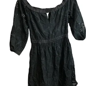 Milly Black Eyelet Cotton Mini Dress 3/4 Puff Sleeve Elastic Waist Pockets‎ P thumbnail 5