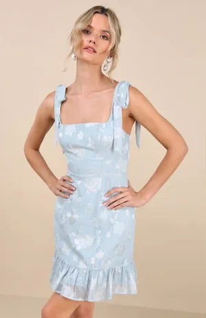 NWT Lulus Light Blue Floral Mini Dress Square Neck Tie Strap Ruffle Hem XL Party thumbnail 1