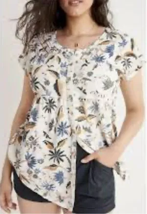Anthropologie Tunic Button Down Floral Print Top Cream Blue Top Size Large thumbnail 1