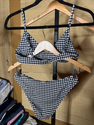 ELE Swims Leah Top Sarah Bottom Black White Gingham Bikini Set Size Large EUC thumbnail 6