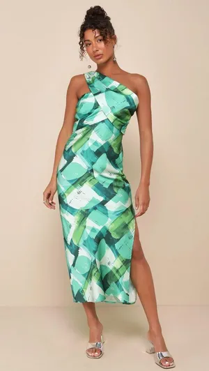 NWT Lulus Iconic Presence Green Abstract Satin One-Shoulder Mini Dress in Size M thumbnail 1