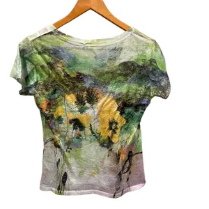Cute vintage Y2K floral burnout bling top short sleeve mountains wildflower moss thumbnail 4