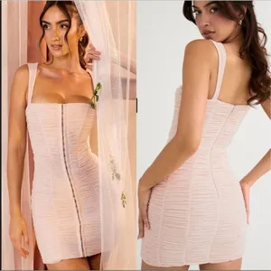 House of CB London Pink Cate Ruched Mesh Square Neck Bodycon Mini Dress Medium thumbnail 2
